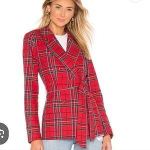 L'Academie New Red Plaid Double-Breasted Blazer With Belt And Covered Buttons